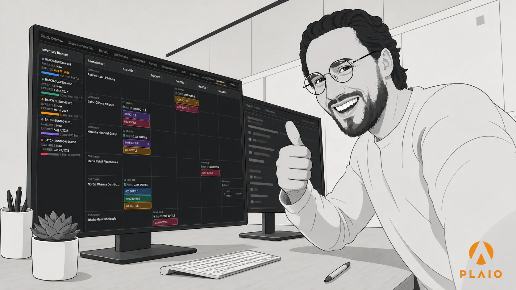 A person smiles and gives a thumbs up in front of a monitor showing PLAIO's Allocations view.