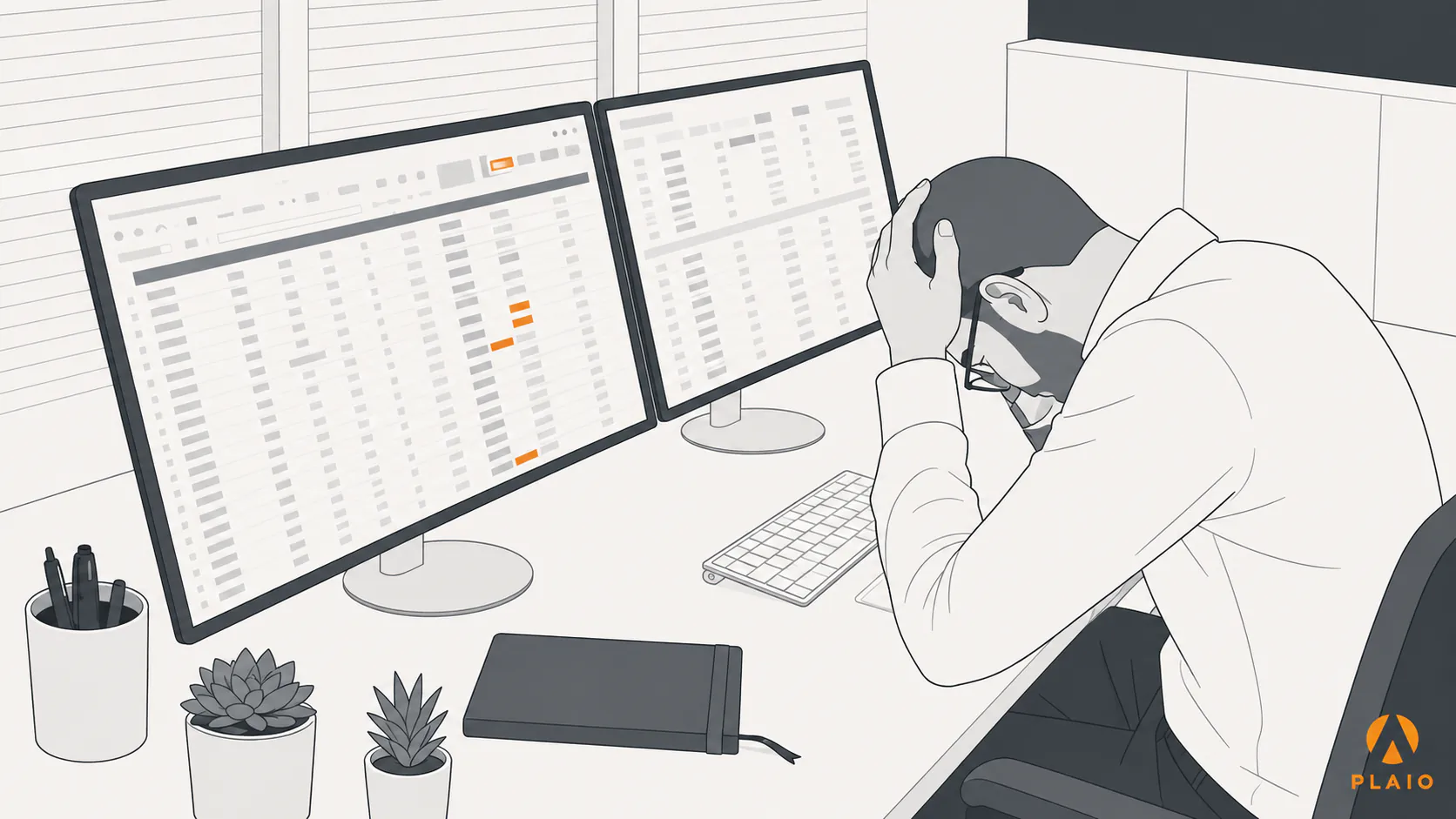 A planner sits with their head in their hands in front of two monitors full of dense spreadsheet grids.