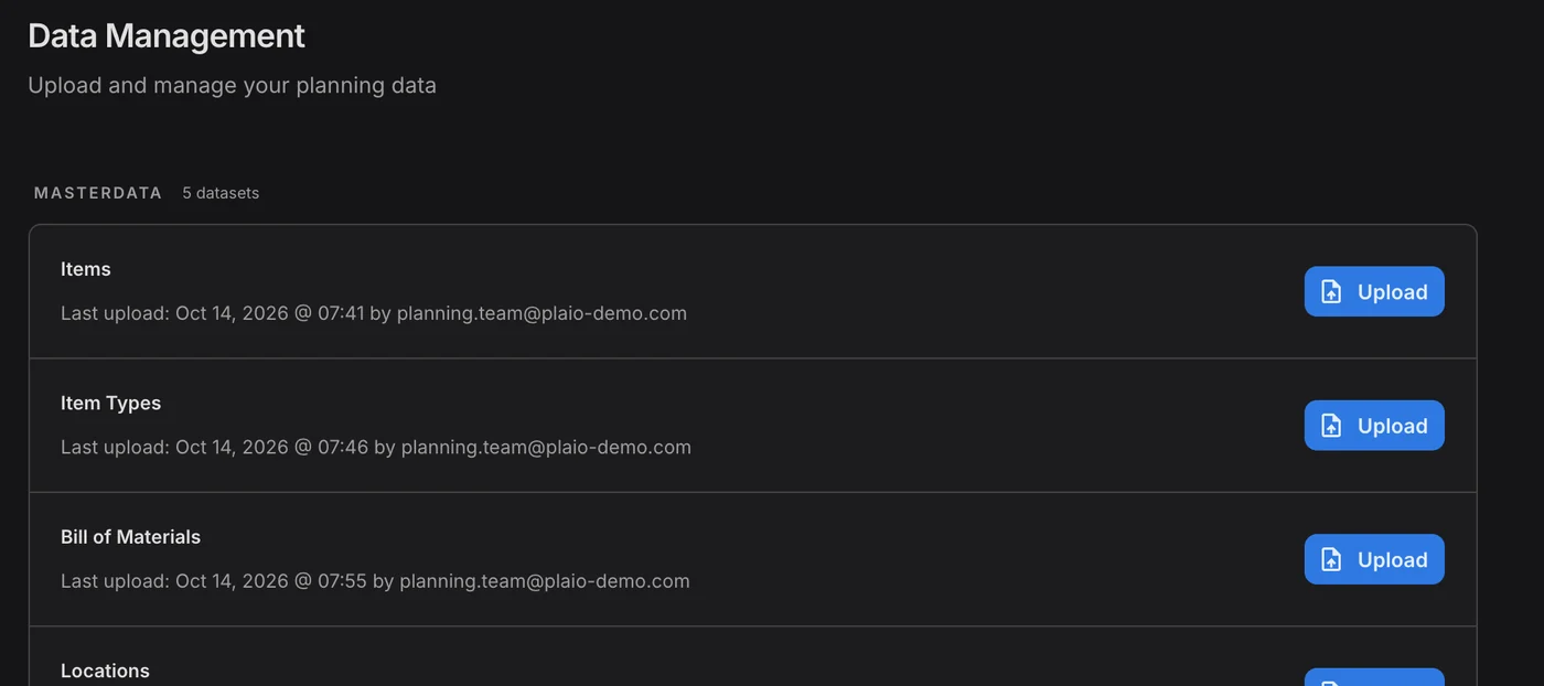 Start on the exports you have. Data Management page listing datasets with their last upload and an Upload button.