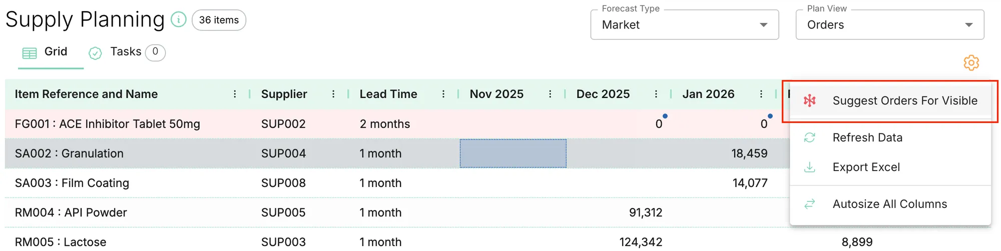 Supply Planner order suggestions interface.