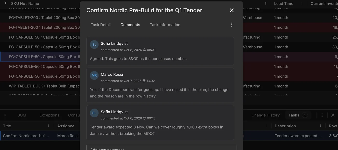 Task on the Nordic supply plan row for Capsule 50mg with its comment thread, ending 'Agreed. This goes to S&OP as the consensus number.'