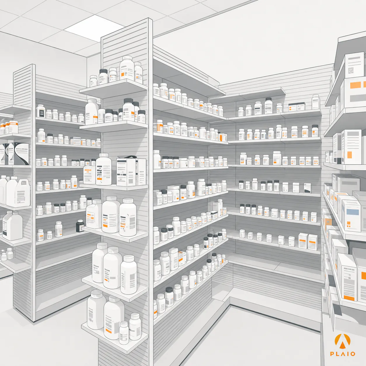 Pharmacy shelving stocked with bottles and boxes of medication
