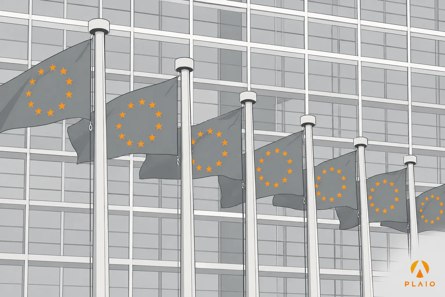 Row of European Union flags flying outside an EU institutional building