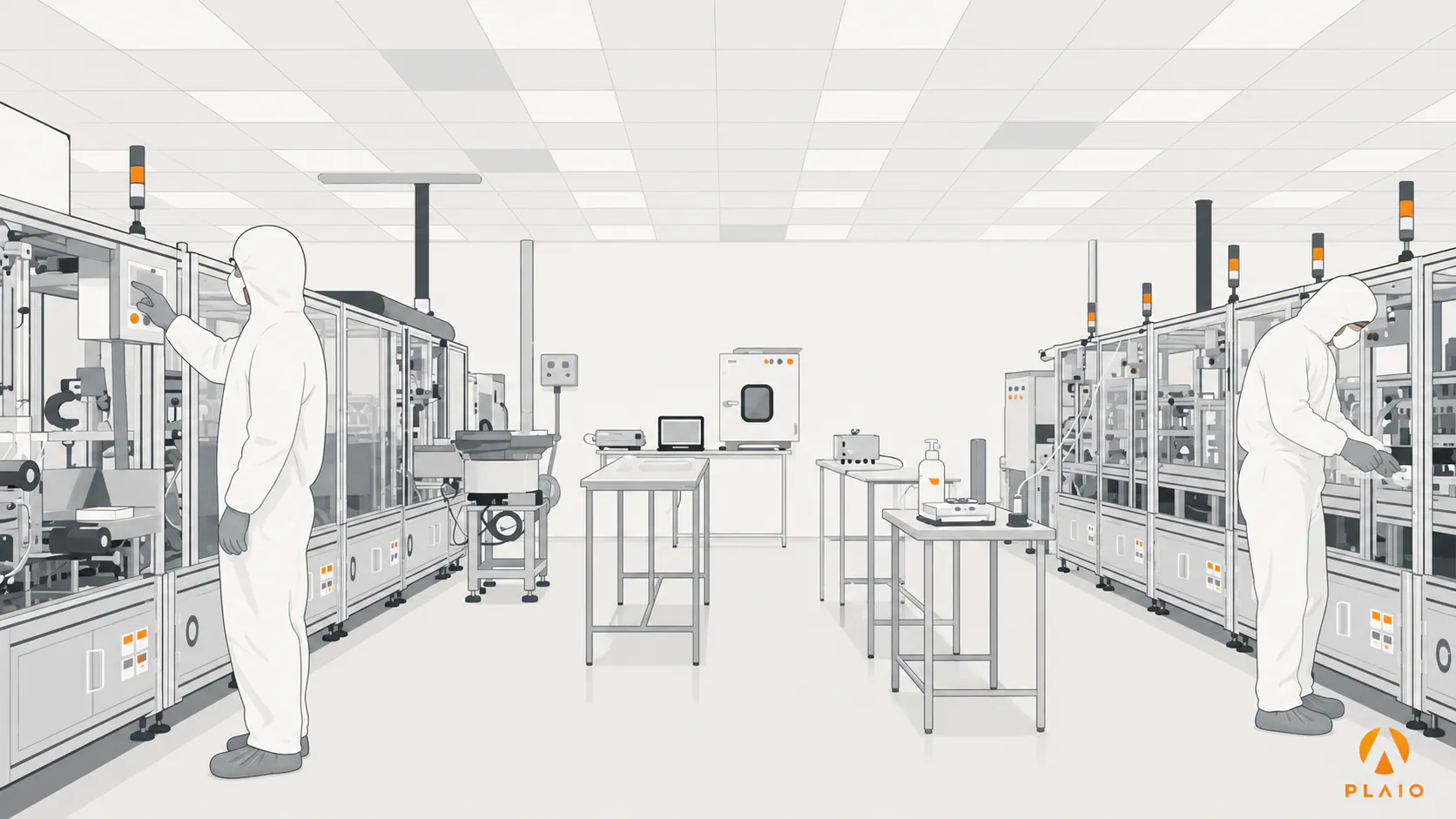 Two technicians in cleanroom suits operating pharmaceutical manufacturing equipment