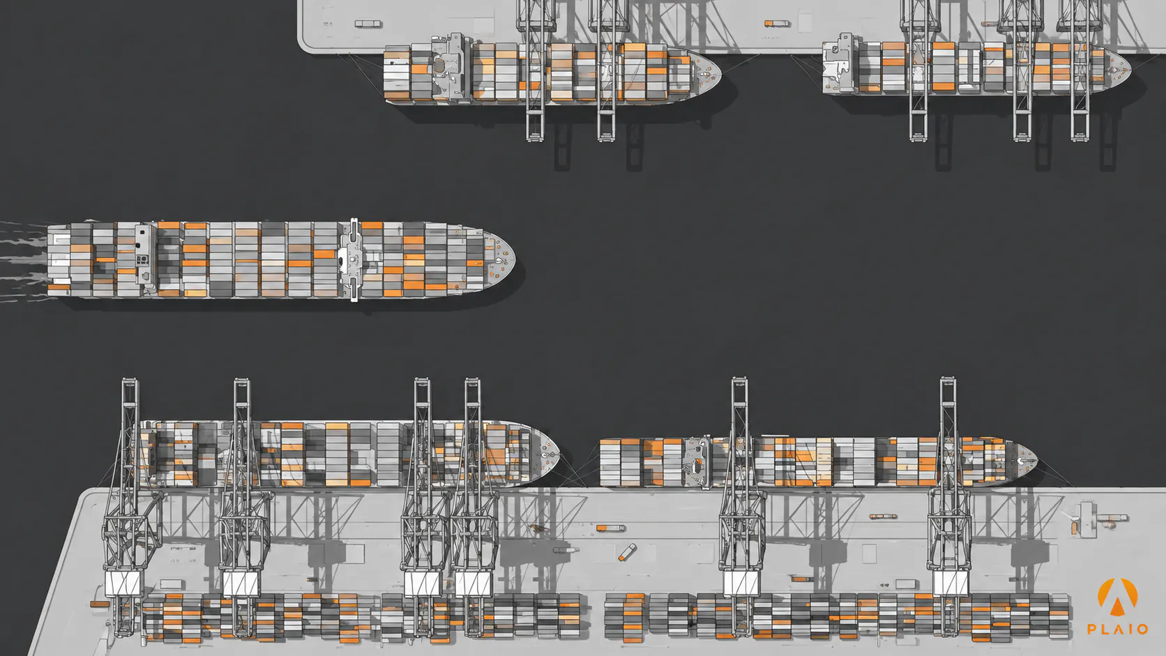 Aerial view of stacked shipping containers on cargo ships at a port