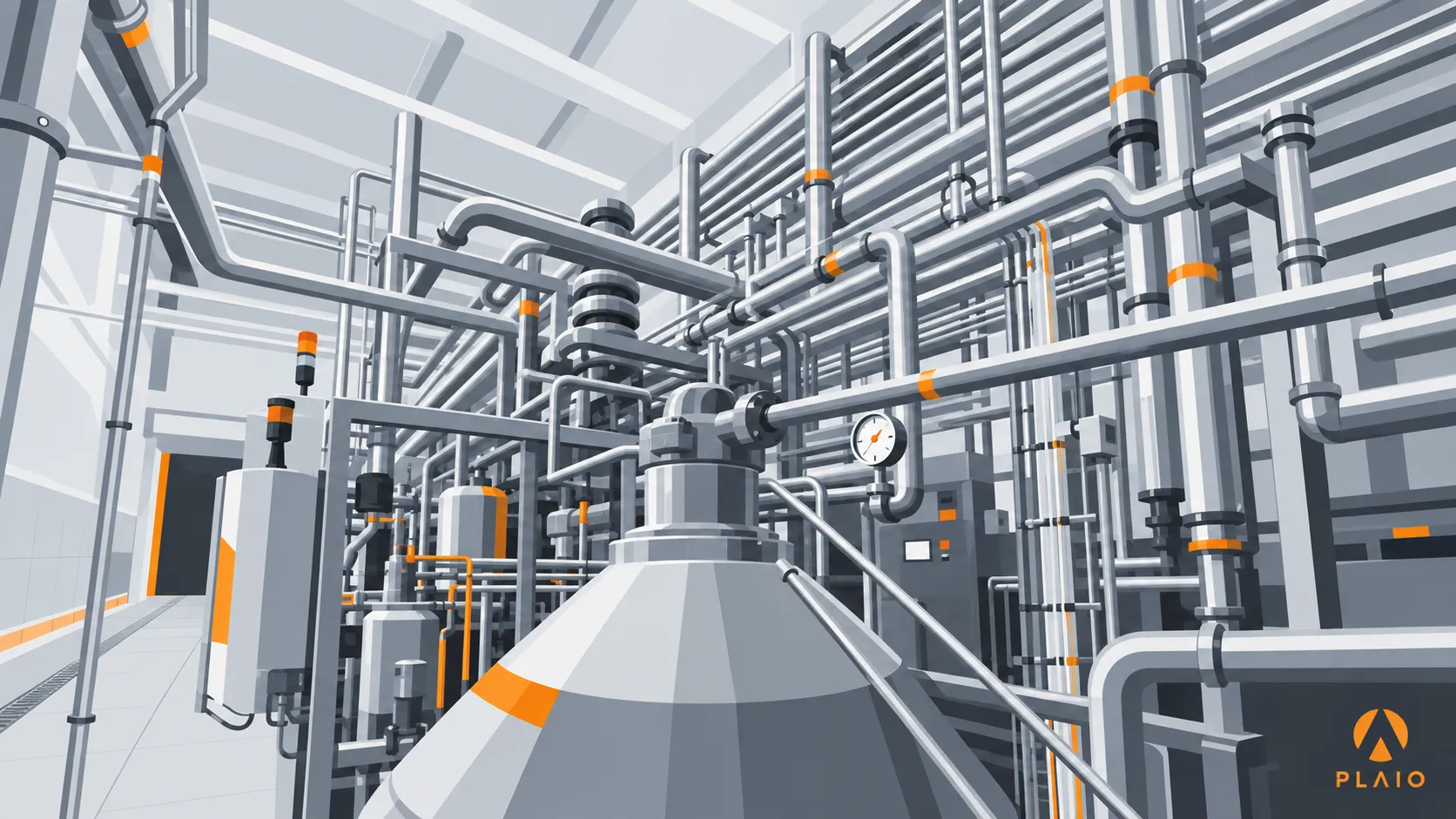 Interior of a pharmaceutical process plant, with a stainless steel reactor vessel below dense overhead pipework