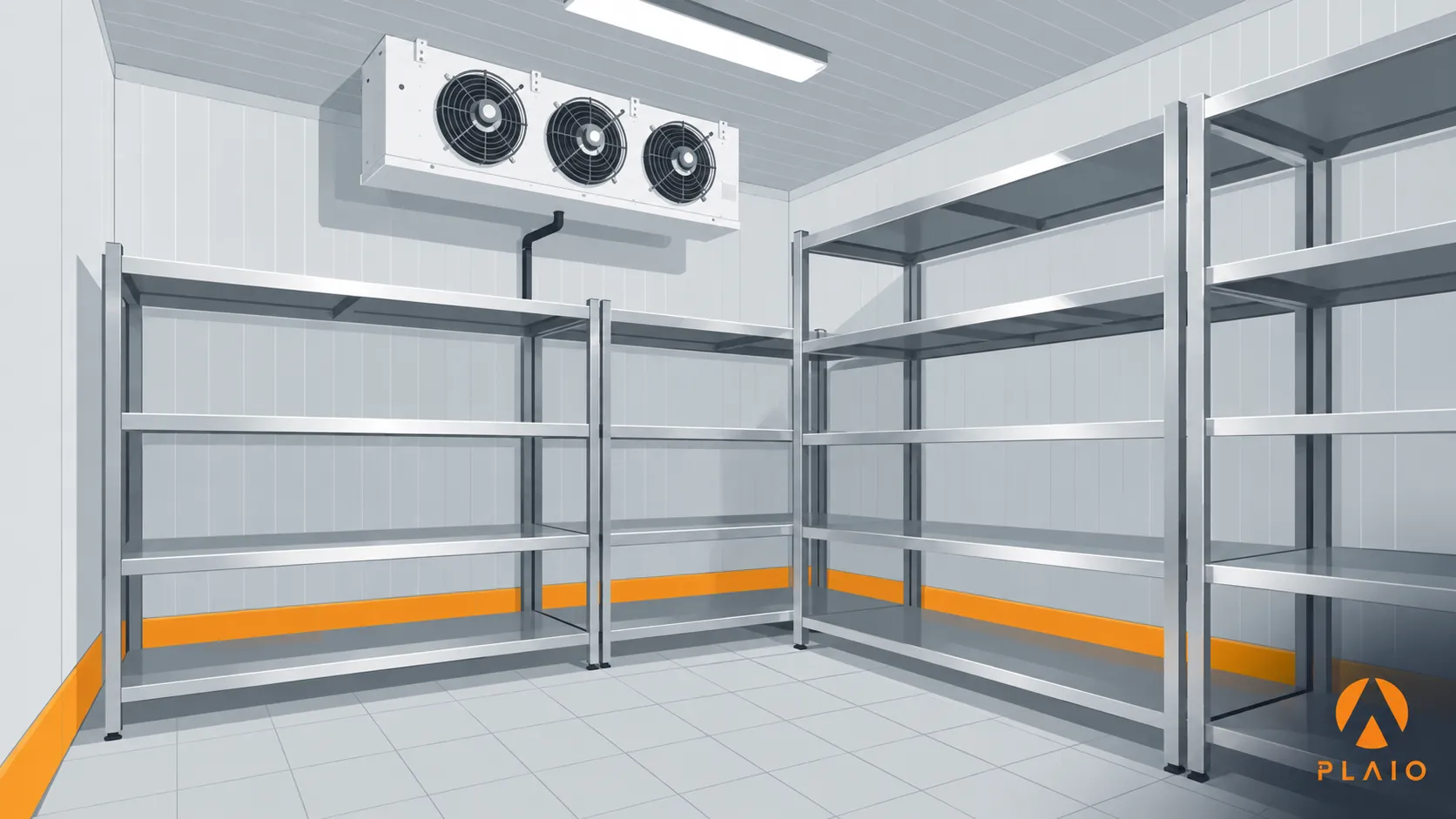 Interior of a temperature-controlled pharmaceutical storage room with stainless steel shelving and a ceiling-mounted refrigeration unit