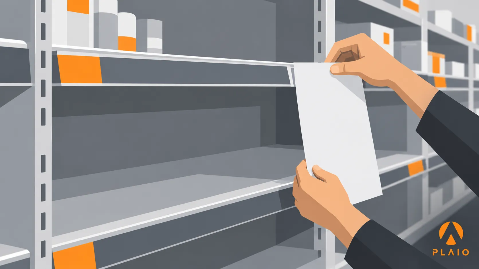 Hands placing a notice on an empty pharmacy shelf, with sparse stock on the shelves around it