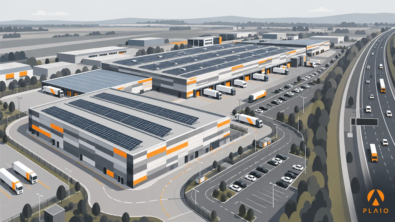 Aerial view of a modern pharmaceutical distribution centre with solar-panelled roofs, loading bays and a fleet of trucks beside a motorway