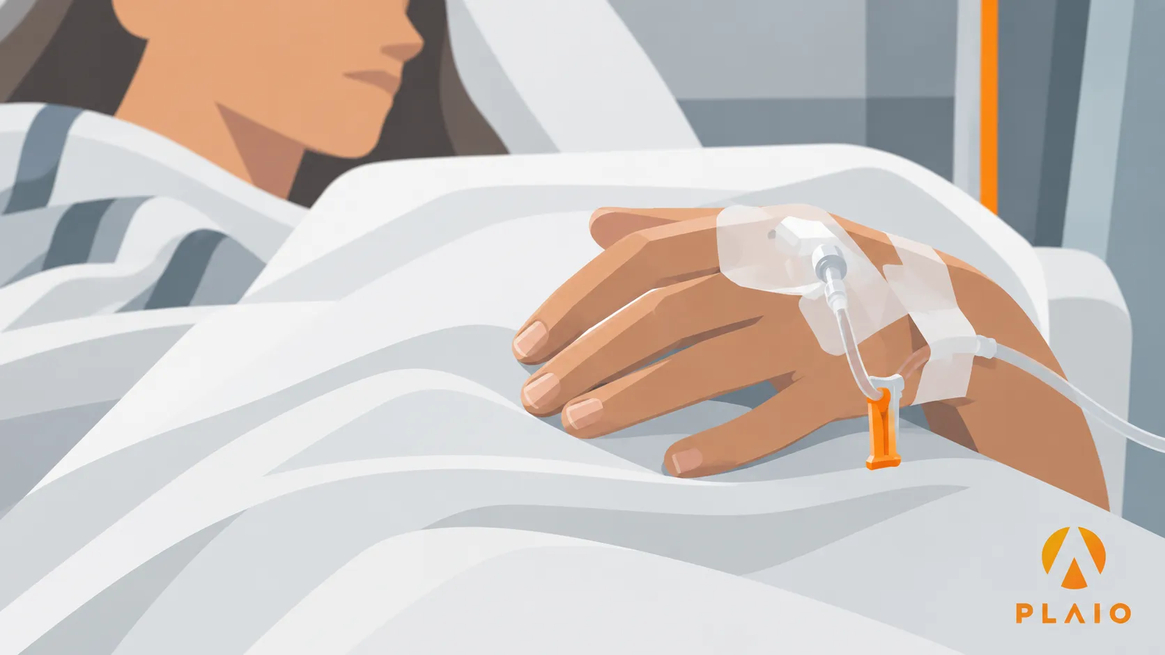 Patient resting in a hospital bed with an intravenous cannula taped to the back of the hand