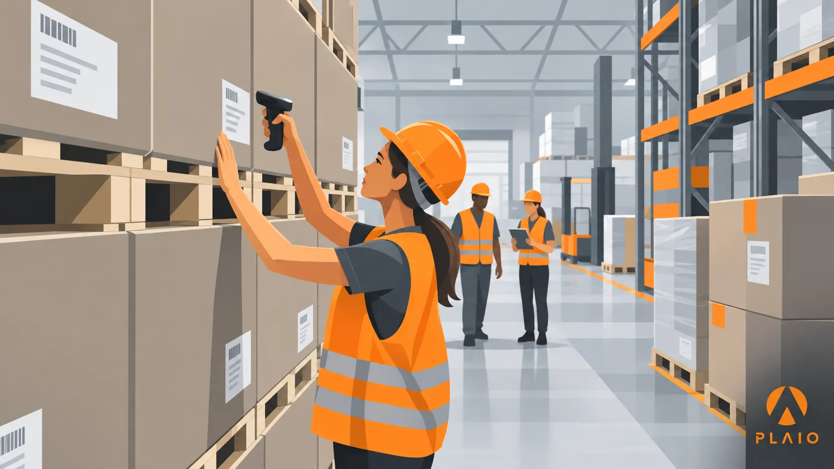 Warehouse worker in a hard hat and high-visibility vest scanning a barcode label on a palletised carton