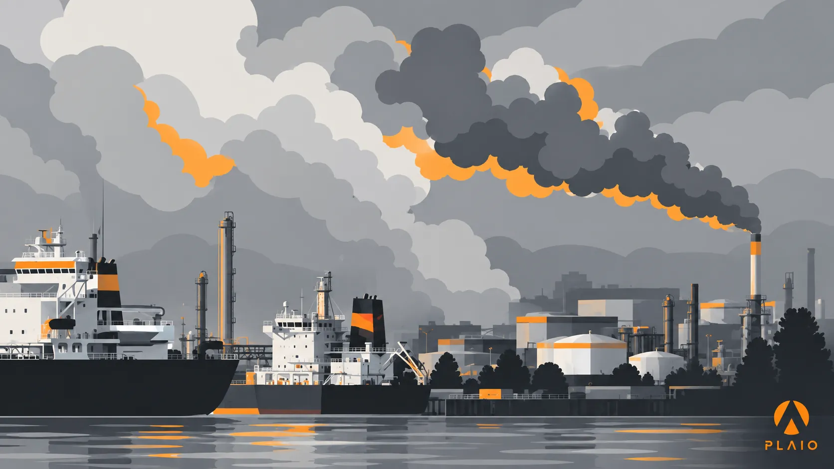 Cargo ships berthed alongside a refinery, smoke rising from a stack into a grey sky
