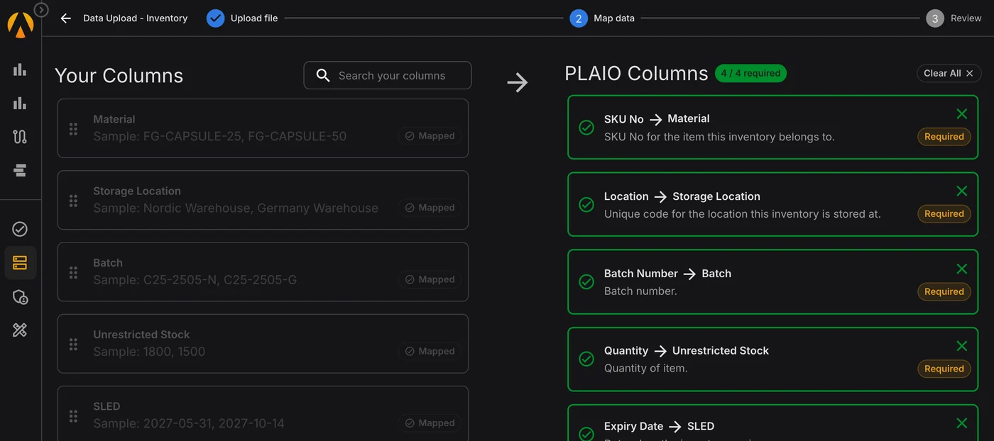 Keep your spreadsheet headers. Uploading a stock-on-hand export: the file's own headers Material, Storage Location, Batch, Unrestricted Stock and SLED mapped onto PLAIO's SKU No, Location, Batch Number, Quantity and Expiry Date.
