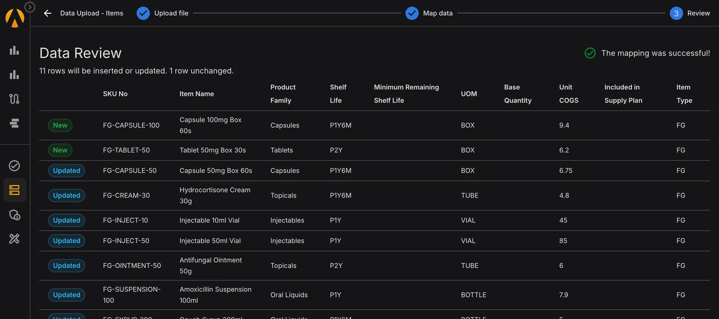 Check every row before it lands. Review step of an items upload: 11 rows will be inserted or updated and 1 is unchanged, with new and updated rows marked before anything is written.