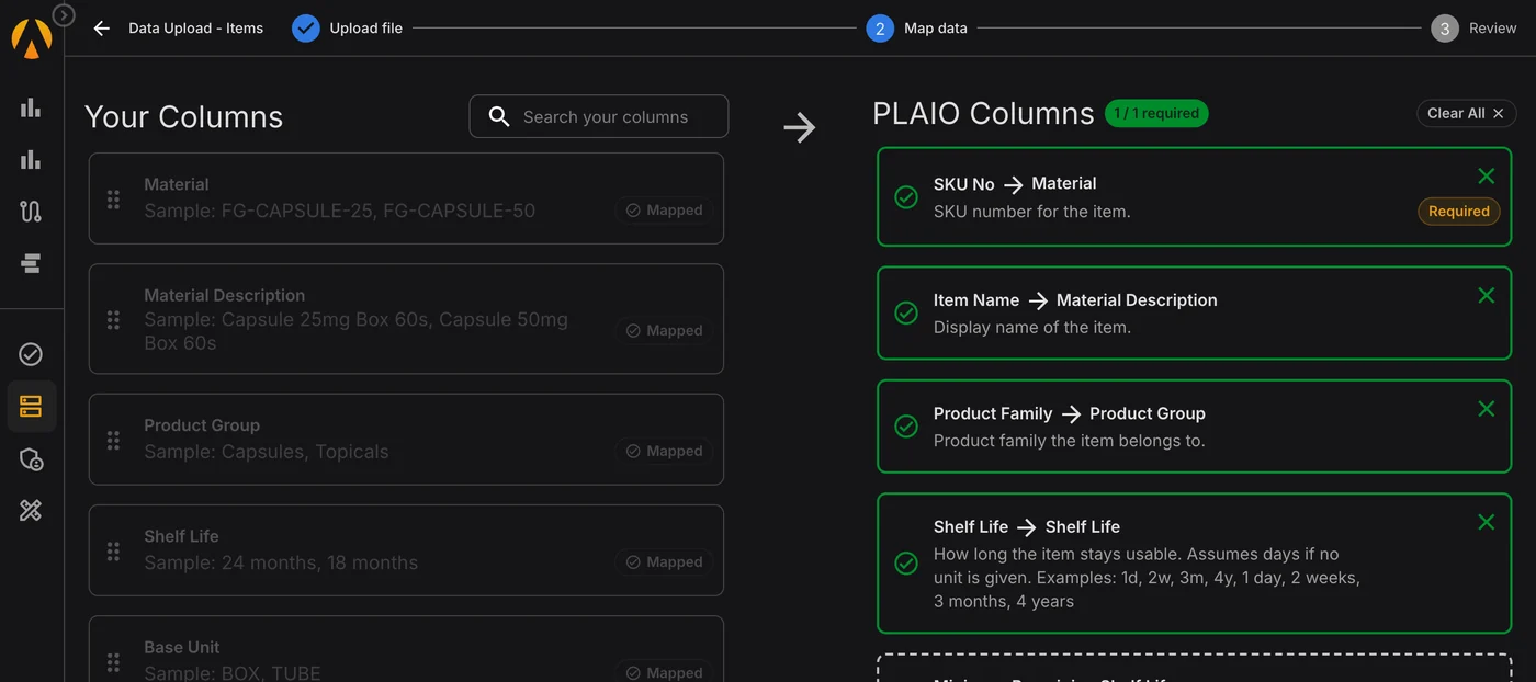 Map the export's own headers. Uploading a material master export: the file's own headers Material, Material Description and Product Group mapped onto PLAIO's SKU No, Item Name and Product Family.