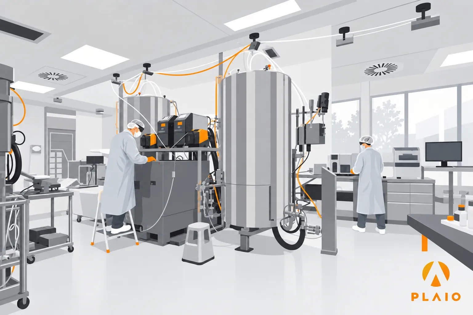 Illustration of technicians in cleanroom gowns working at stainless-steel process vessels in a contract manufacturing facility