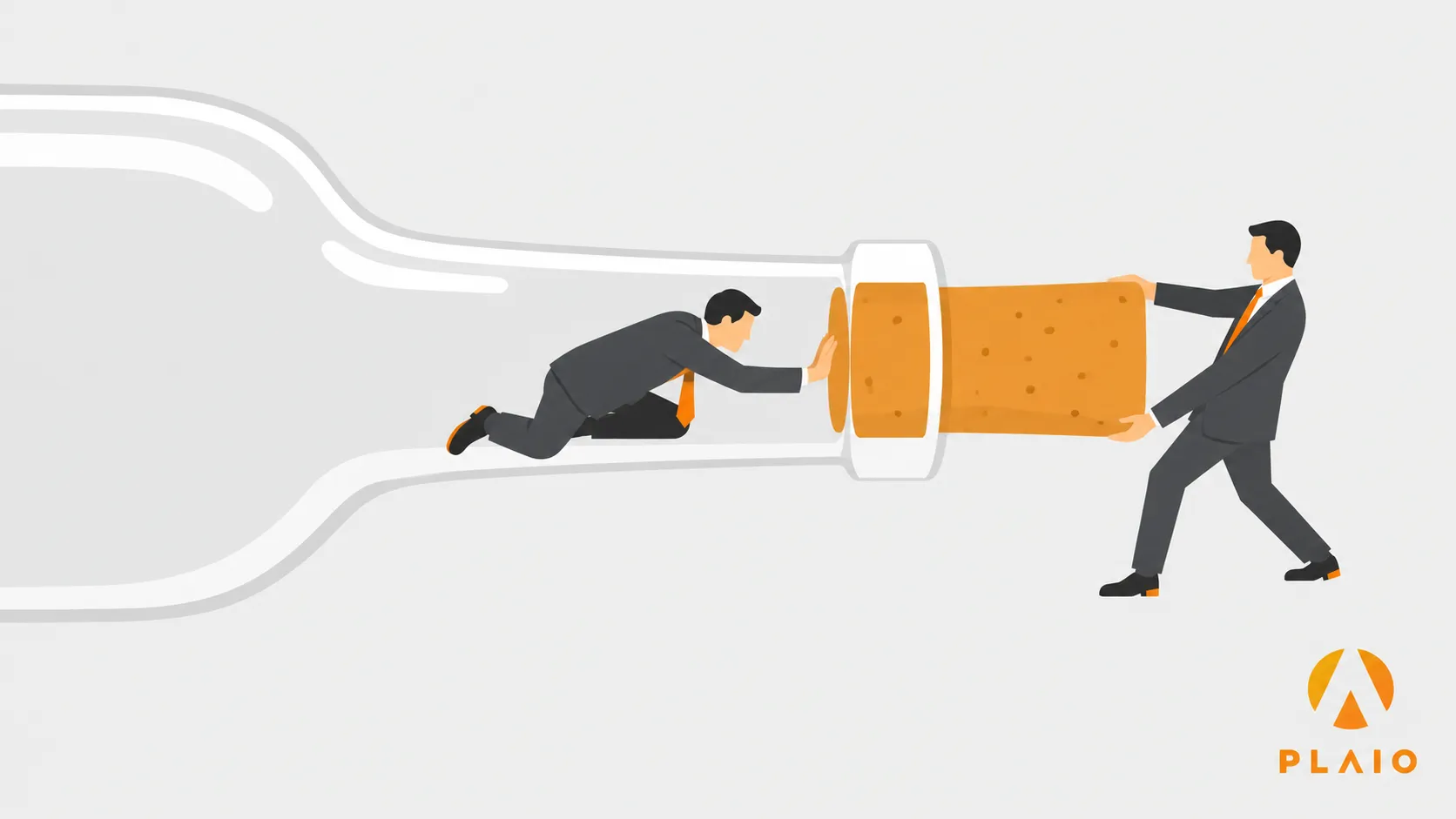Illustration of one businessman trapped inside a bottle pushing against the cork while another pulls it from outside