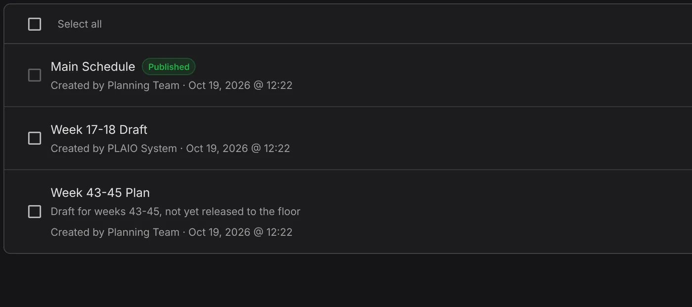 Production scenarios for the Production Center: Main Schedule is published, Week 43-45 Plan is a draft not yet released to the floor.