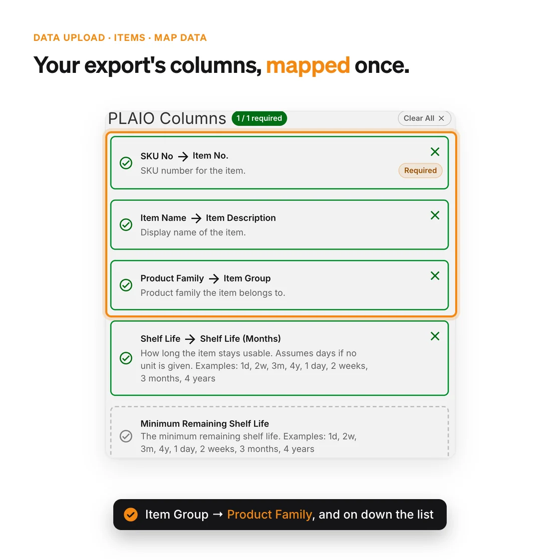 PLAIO's column mapping for an uploaded item export: SKU No from Item No., Item Name from Item Description, Product Family from Item Group, shelf life and unit of measure.