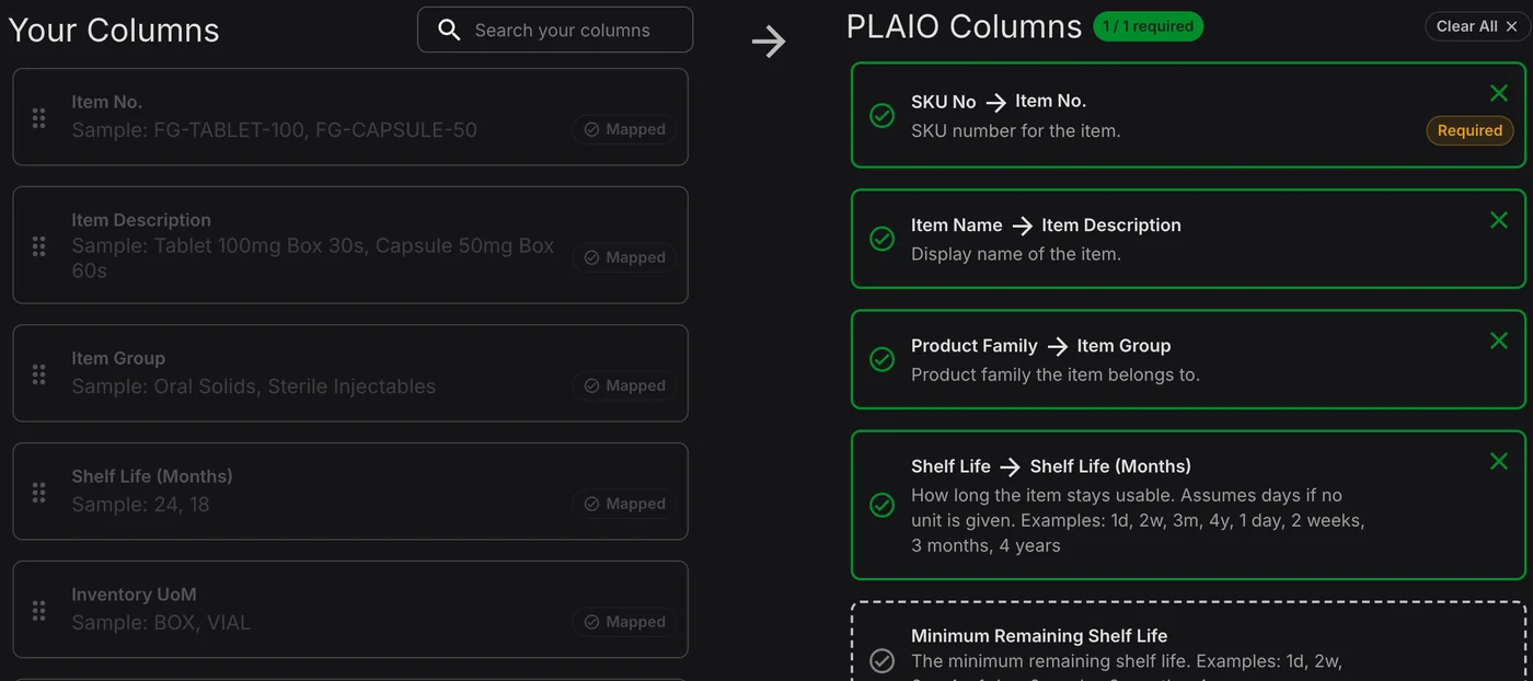 Map your columns once. Column mapping for an uploaded item export onto PLAIO's columns.