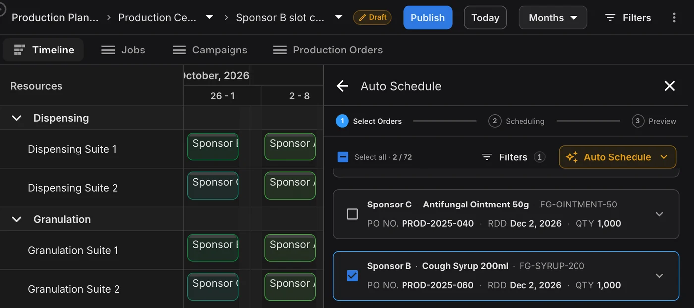 Draft scenario with the Auto Schedule panel open and a new Sponsor B order selected for scheduling around the existing sponsor campaigns