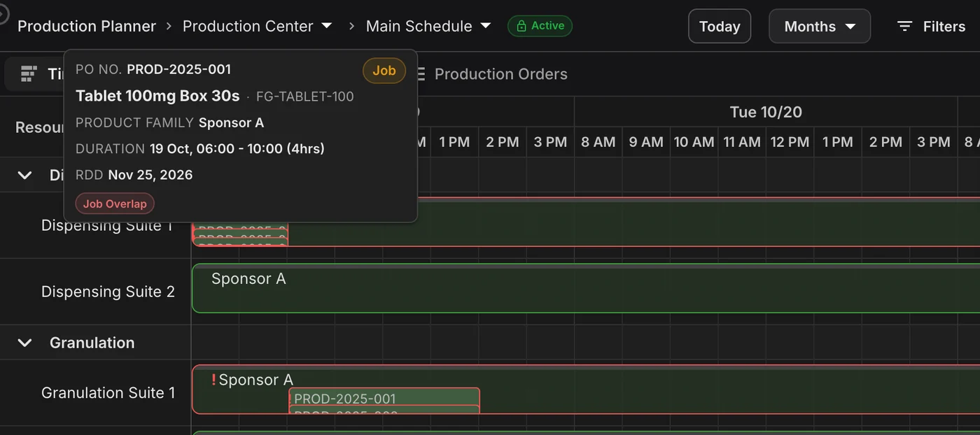Gantt job tooltip on a shared suite flagging a job overlap before the batch reaches the floor