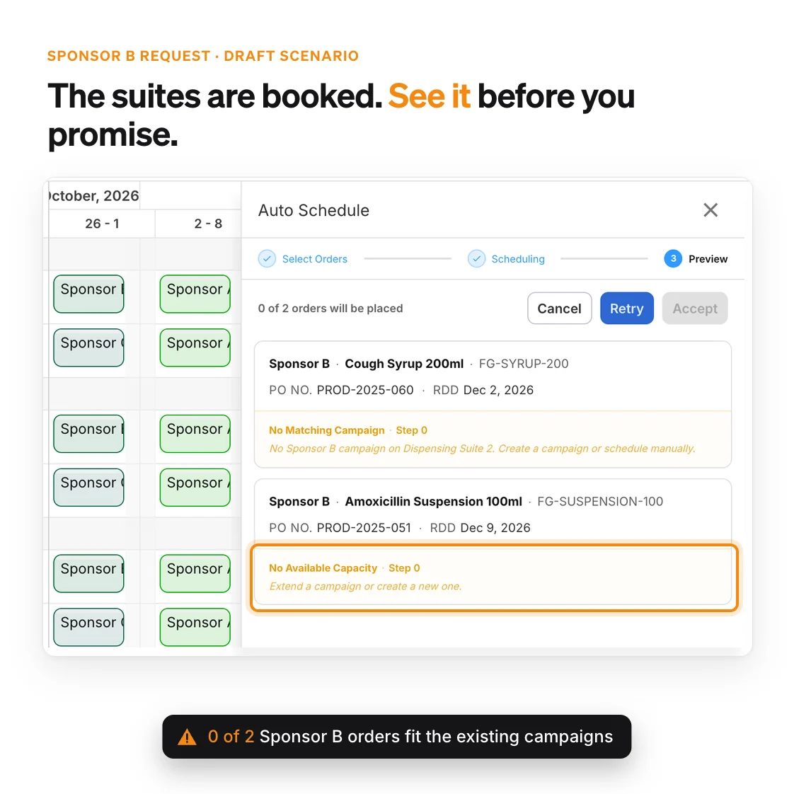 Auto Schedule preview in a draft scenario showing that neither of two new Sponsor B orders fits the suites already booked by other sponsors