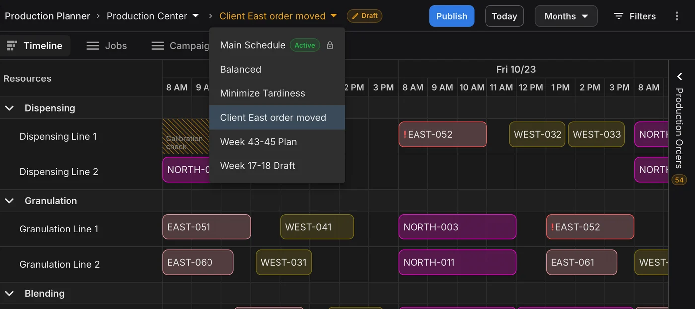 Scenario menu showing a draft for a client's moved order next to the locked, active Main Schedule, with a Publish button